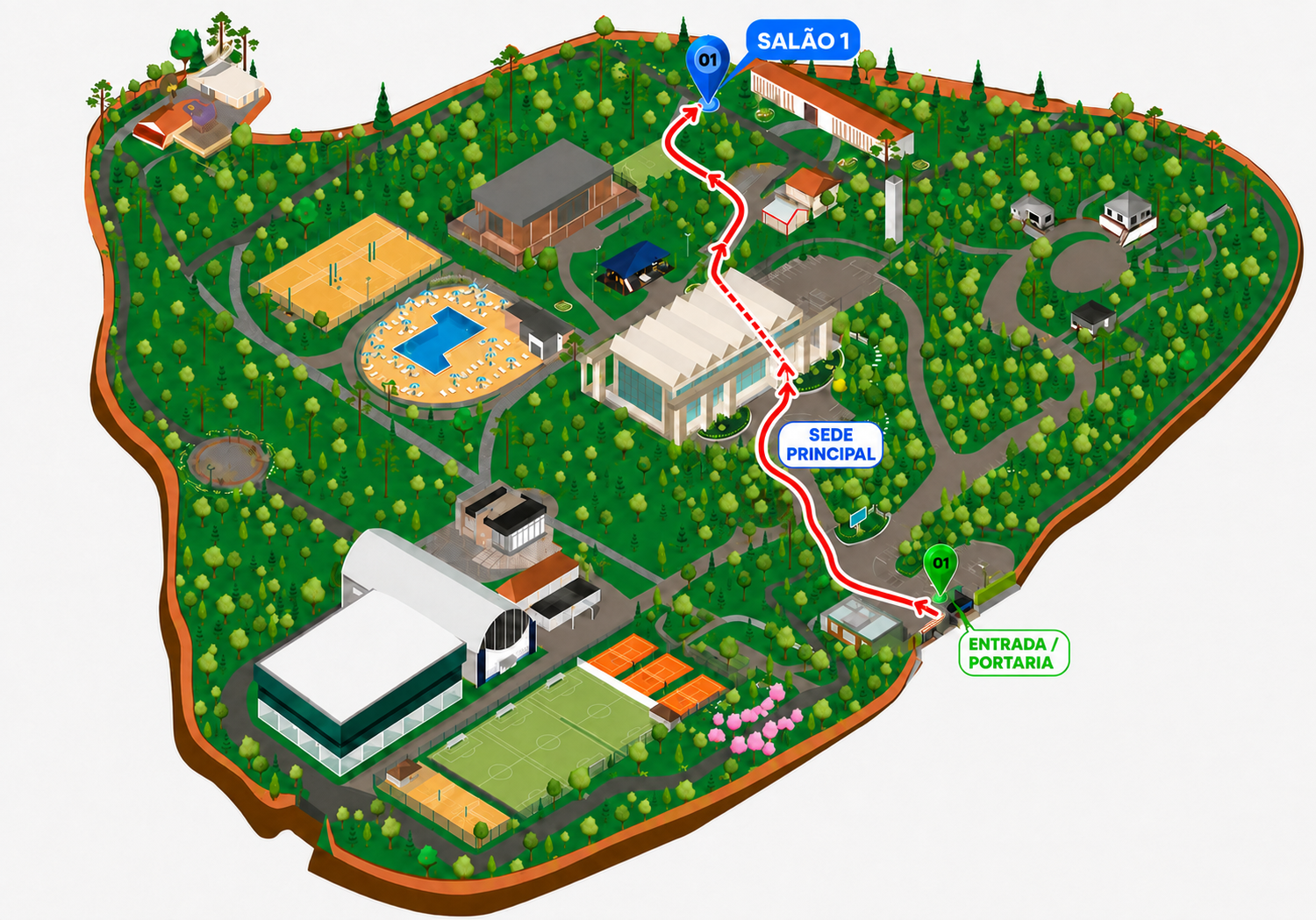 Mapa do trajeto da portaria do Clube APCEF-PR até o Salão 1, passando por dentro da sede principal.